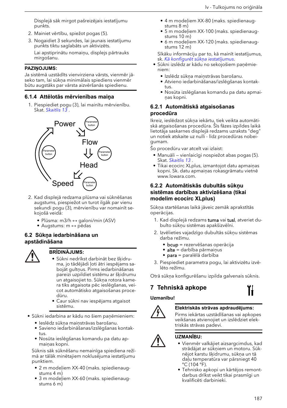 4 attēlotās mērvienības maiņa, 2 sūkņa iedarbināšana un apstādināšana, 1 automātiskā atgaisošanas procedūra | 7 tehniskā apkope, Power speed head flow | Xylem ECOCIRC XL & XLplus User Manual | Page 187 / 404