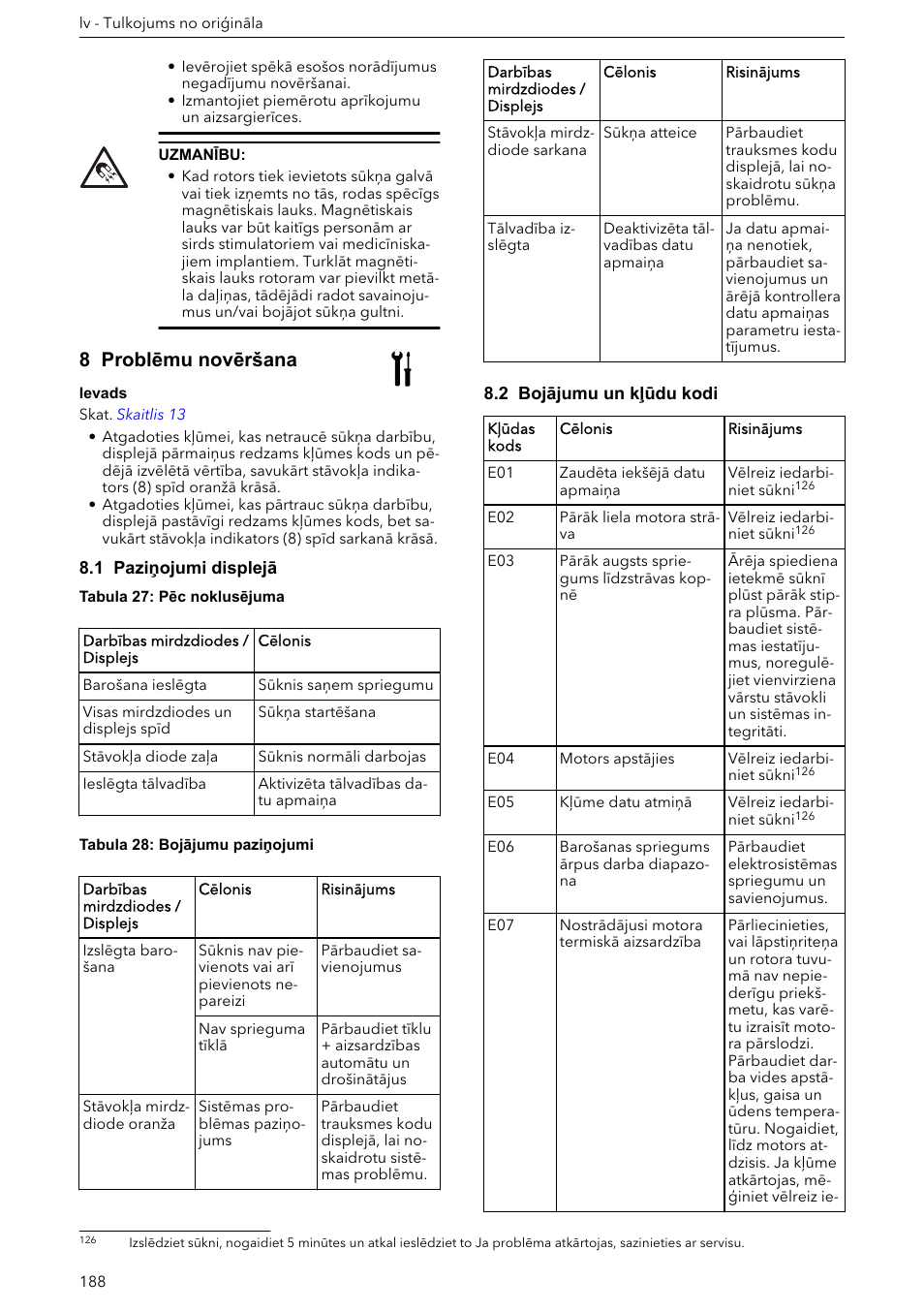 8 problēmu novēršana, 1 paziņojumi displejā, 2 bojājumu un kļūdu kodi | Xylem ECOCIRC XL & XLplus User Manual | Page 188 / 404