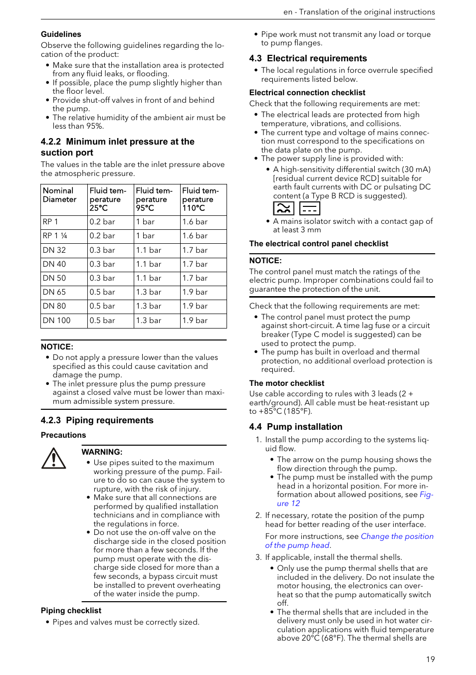 2 minimum inlet pressure at the suction port, 3 piping requirements, 3 electrical requirements | 4 pump installation | Xylem ECOCIRC XL & XLplus User Manual | Page 19 / 404