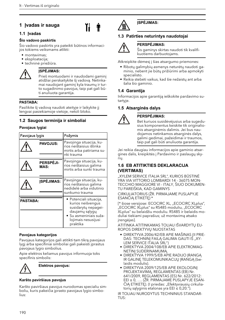 1 įvadas ir sauga, 1 įvadas, 2 saugos terminija ir simboliai | 3 patirties neturintys naudotojai, 4 garantija, 5 atsarginės dalys, 6 eb atitikties deklaracija (vertimas) | Xylem ECOCIRC XL & XLplus User Manual | Page 190 / 404