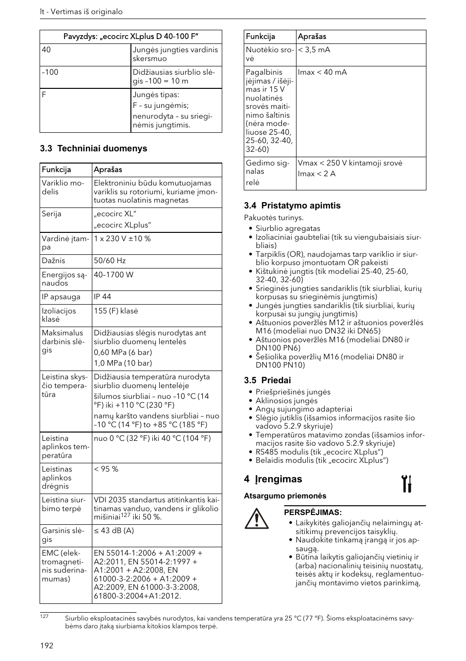 3 techniniai duomenys, 4 pristatymo apimtis, 5 priedai | 4 įrengimas | Xylem ECOCIRC XL & XLplus User Manual | Page 192 / 404