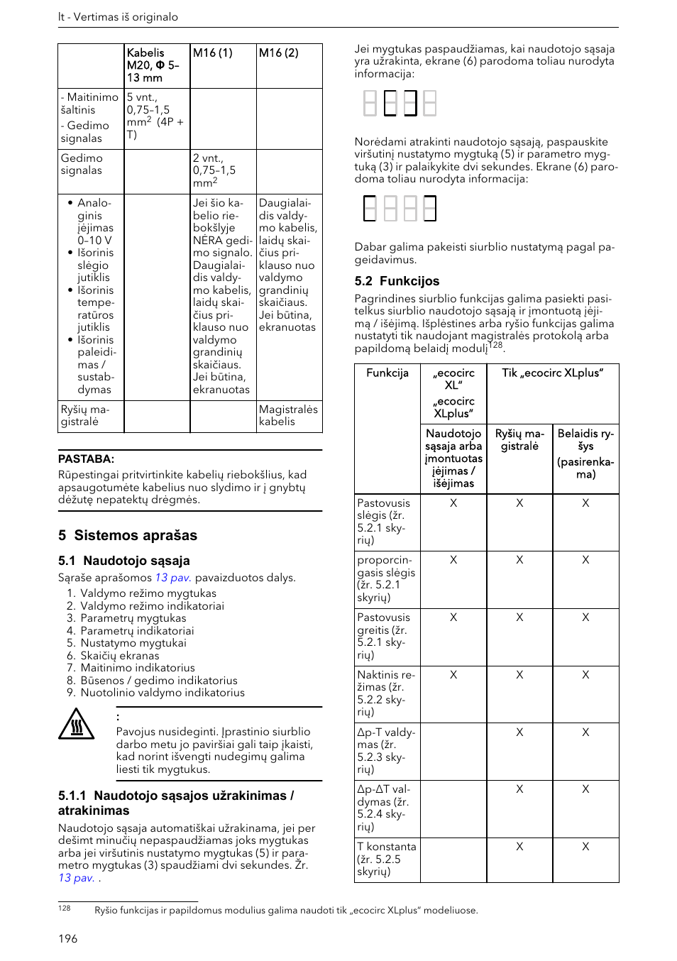 5 sistemos aprašas, 1 naudotojo sąsaja, 1 naudotojo sąsajos užrakinimas / atrakinimas | 2 funkcijos | Xylem ECOCIRC XL & XLplus User Manual | Page 196 / 404