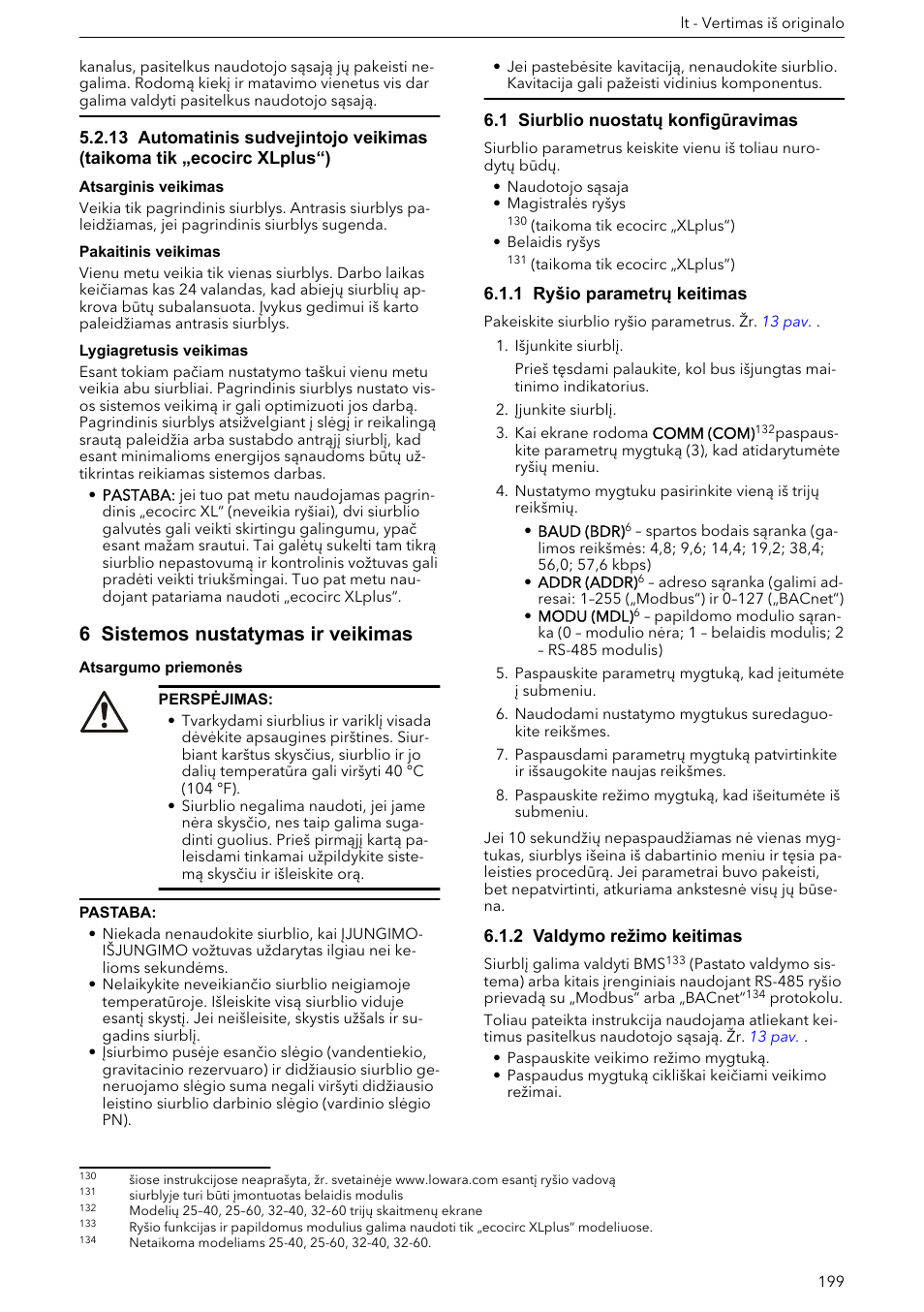 6 sistemos nustatymas ir veikimas, 1 siurblio nuostatų konfigūravimas, 1 ryšio parametrų keitimas | 2 valdymo režimo keitimas | Xylem ECOCIRC XL & XLplus User Manual | Page 199 / 404