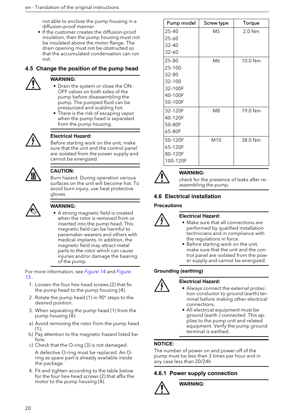 5 change the position of the pump head, 6 electrical installation, 1 power supply connection | For more instructions, see, Change the position, Of the pump head | Xylem ECOCIRC XL & XLplus User Manual | Page 20 / 404