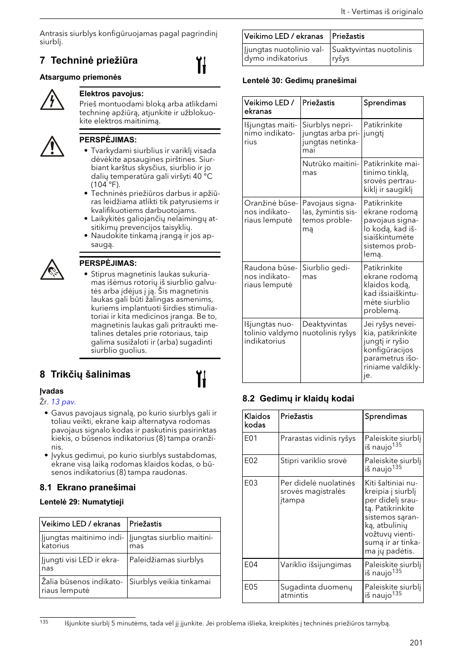 7 techninė priežiūra, 8 trikčių šalinimas, 1 ekrano pranešimai | 2 gedimų ir klaidų kodai | Xylem ECOCIRC XL & XLplus User Manual | Page 201 / 404