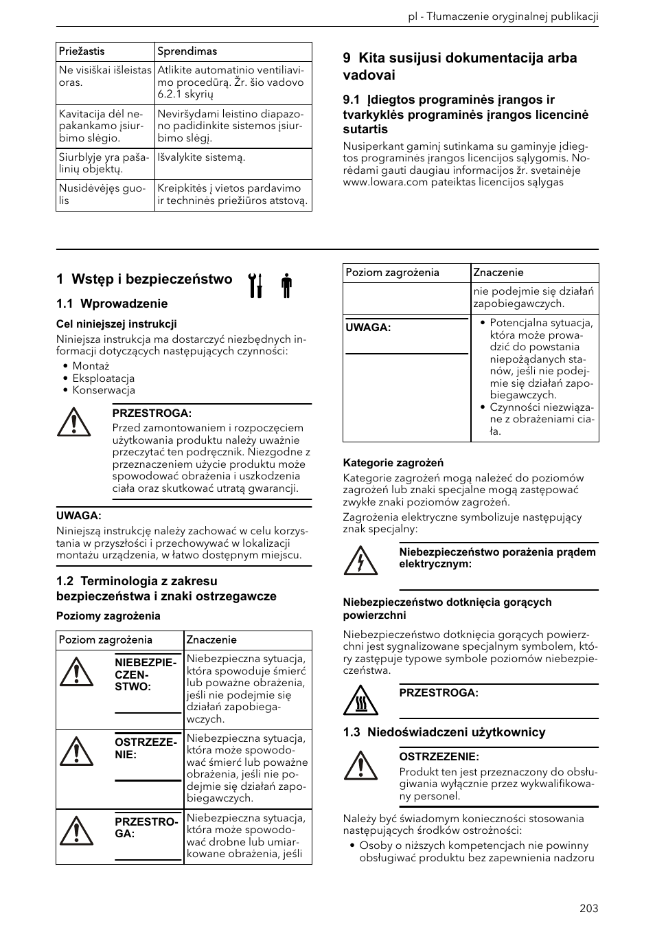 9 kita susijusi dokumentacija arba vadovai, Podręcznik instalacji, eksploatacji i konserwacji, 1 wstęp i bezpieczeństwo | 1 wprowadzenie, 3 niedoświadczeni użytkownicy | Xylem ECOCIRC XL & XLplus User Manual | Page 203 / 404