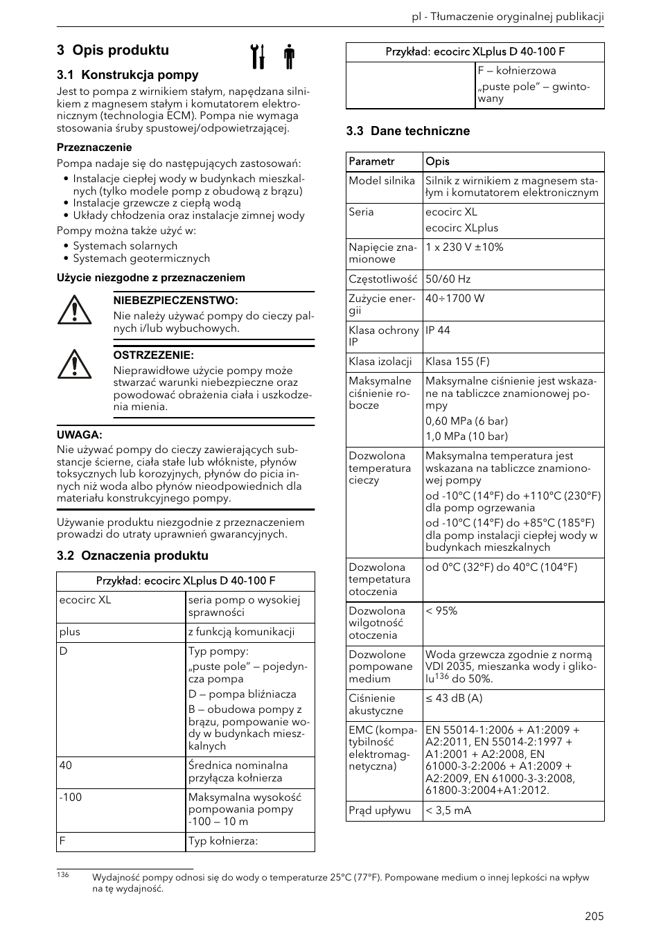 1 konstrukcja pompy, 2 oznaczenia produktu, 3 dane techniczne | 3 opis produktu | Xylem ECOCIRC XL & XLplus User Manual | Page 205 / 404