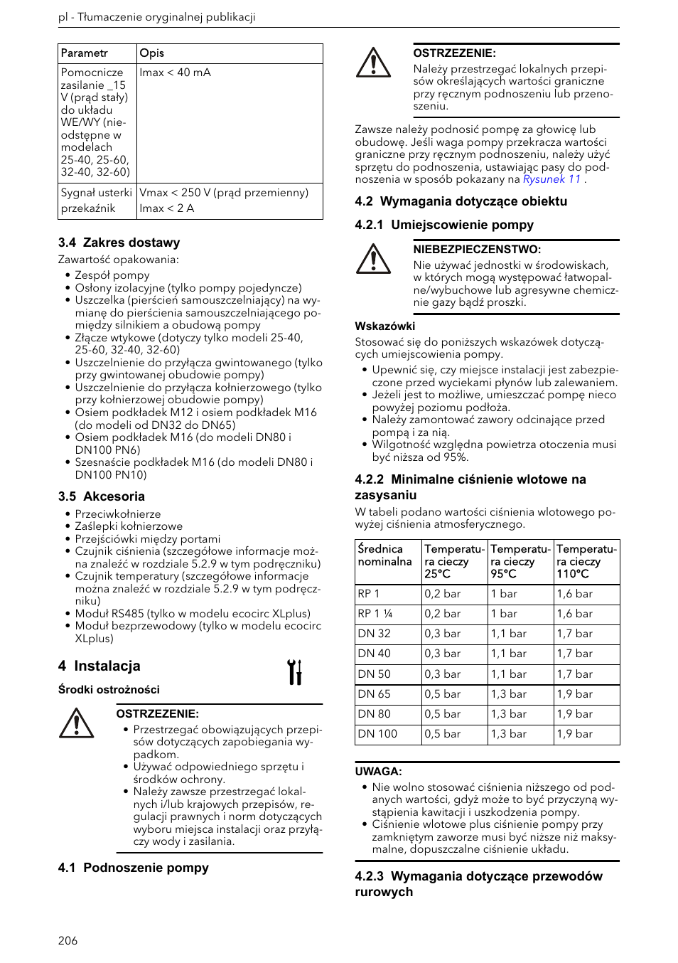 4 zakres dostawy, 5 akcesoria, 4 instalacja | 1 podnoszenie pompy, 2 wymagania dotyczące obiektu, 1 umiejscowienie pompy, 2 minimalne ciśnienie wlotowe na zasysaniu, 3 wymagania dotyczące przewodów rurowych | Xylem ECOCIRC XL & XLplus User Manual | Page 206 / 404