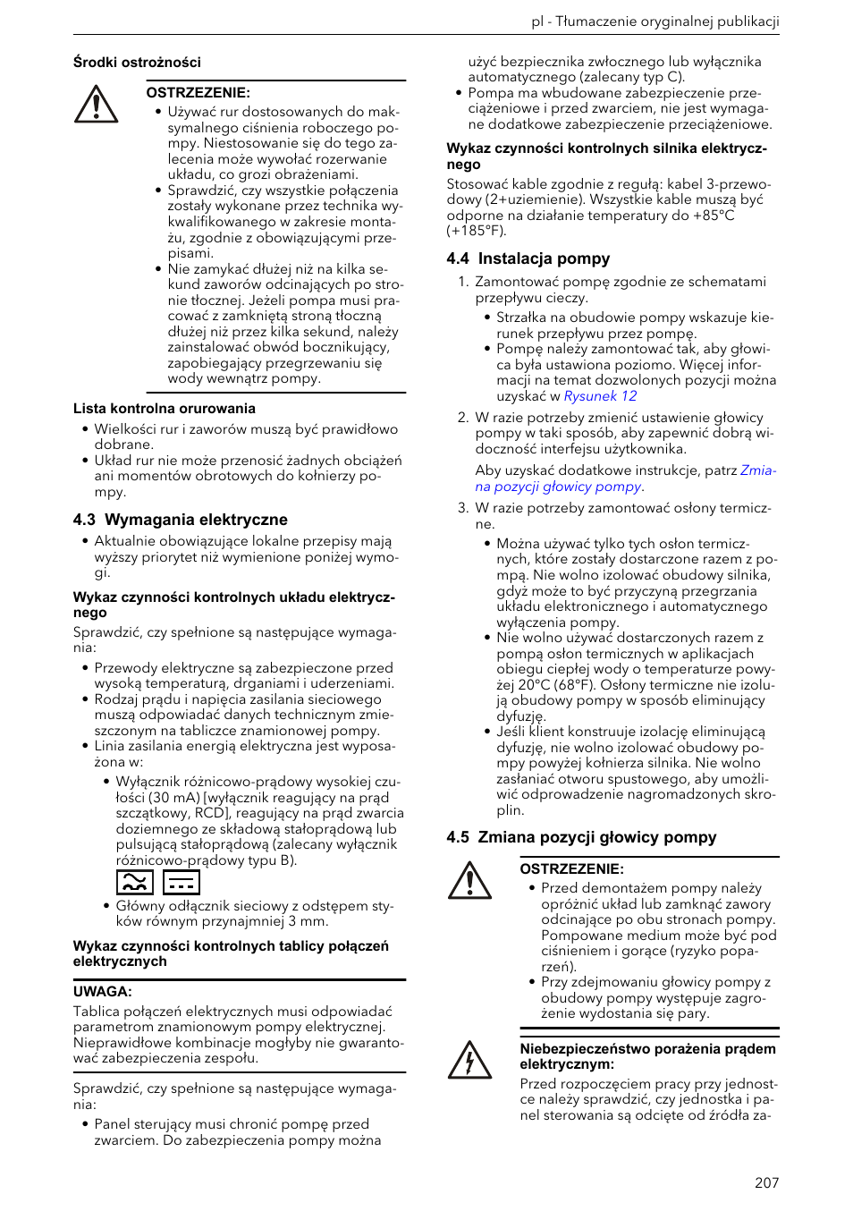 3 wymagania elektryczne, 4 instalacja pompy, 5 zmiana pozycji głowicy pompy | Xylem ECOCIRC XL & XLplus User Manual | Page 207 / 404