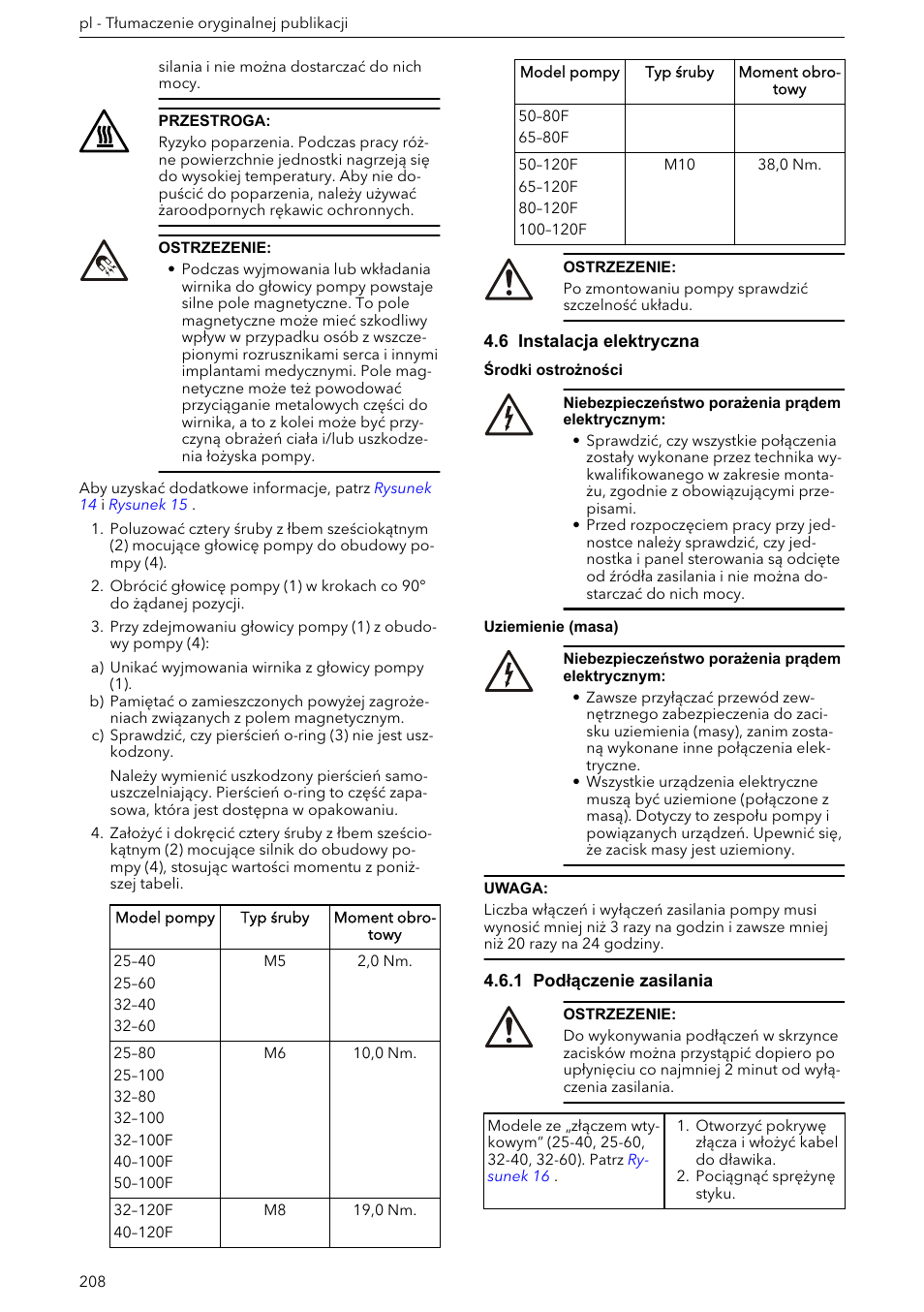 6 instalacja elektryczna, 1 podłączenie zasilania | Xylem ECOCIRC XL & XLplus User Manual | Page 208 / 404