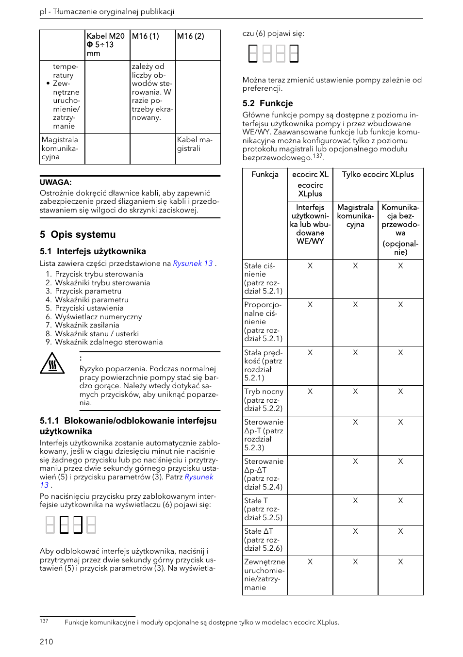 5 opis systemu, 1 interfejs użytkownika, 1 blokowanie/odblokowanie interfejsu użytkownika | 2 funkcje | Xylem ECOCIRC XL & XLplus User Manual | Page 210 / 404