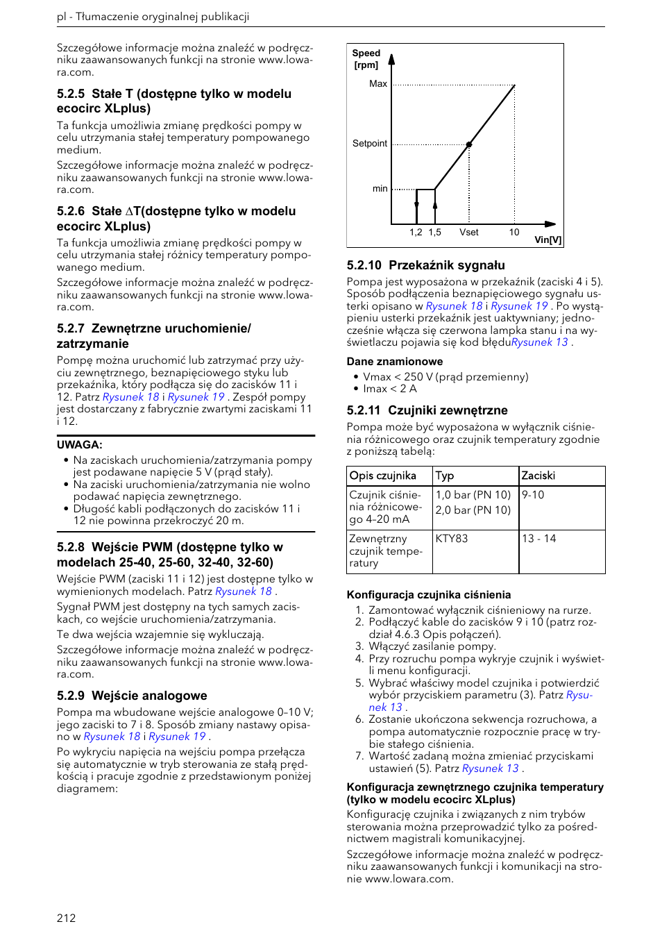 5 stałe t (dostępne tylko w modelu ecocirc xlplus), 6 stałe ∆t(dostępne tylko w modelu ecocirc xlplus), 7 zewnętrzne uruchomienie/zatrzymanie | 9 wejście analogowe, 10 przekaźnik sygnału, 11 czujniki zewnętrzne | Xylem ECOCIRC XL & XLplus User Manual | Page 212 / 404