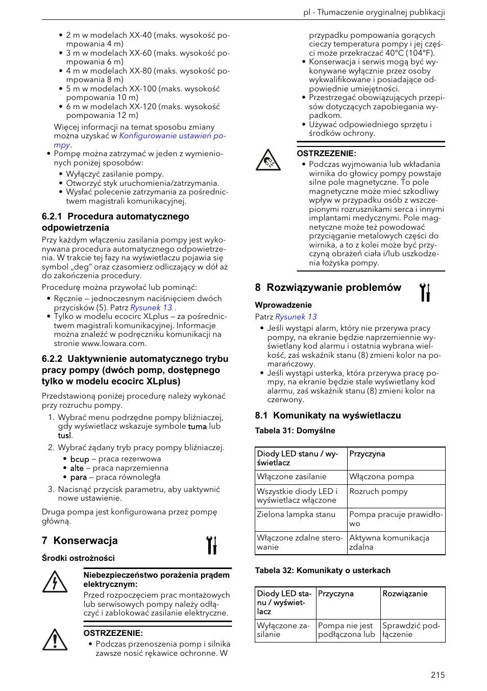 1 procedura automatycznego odpowietrzenia, 7 konserwacja, 8 rozwiązywanie problemów | 1 komunikaty na wyświetlaczu | Xylem ECOCIRC XL & XLplus User Manual | Page 215 / 404