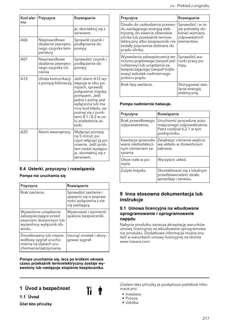 4 usterki, przyczyny i rozwiązania, 9 inna stosowna dokumentacja lub instrukcje, Návod k instalaci, provozu a údržbě | 1 úvod a bezpečnost, 1 úvod | Xylem ECOCIRC XL & XLplus User Manual | Page 217 / 404