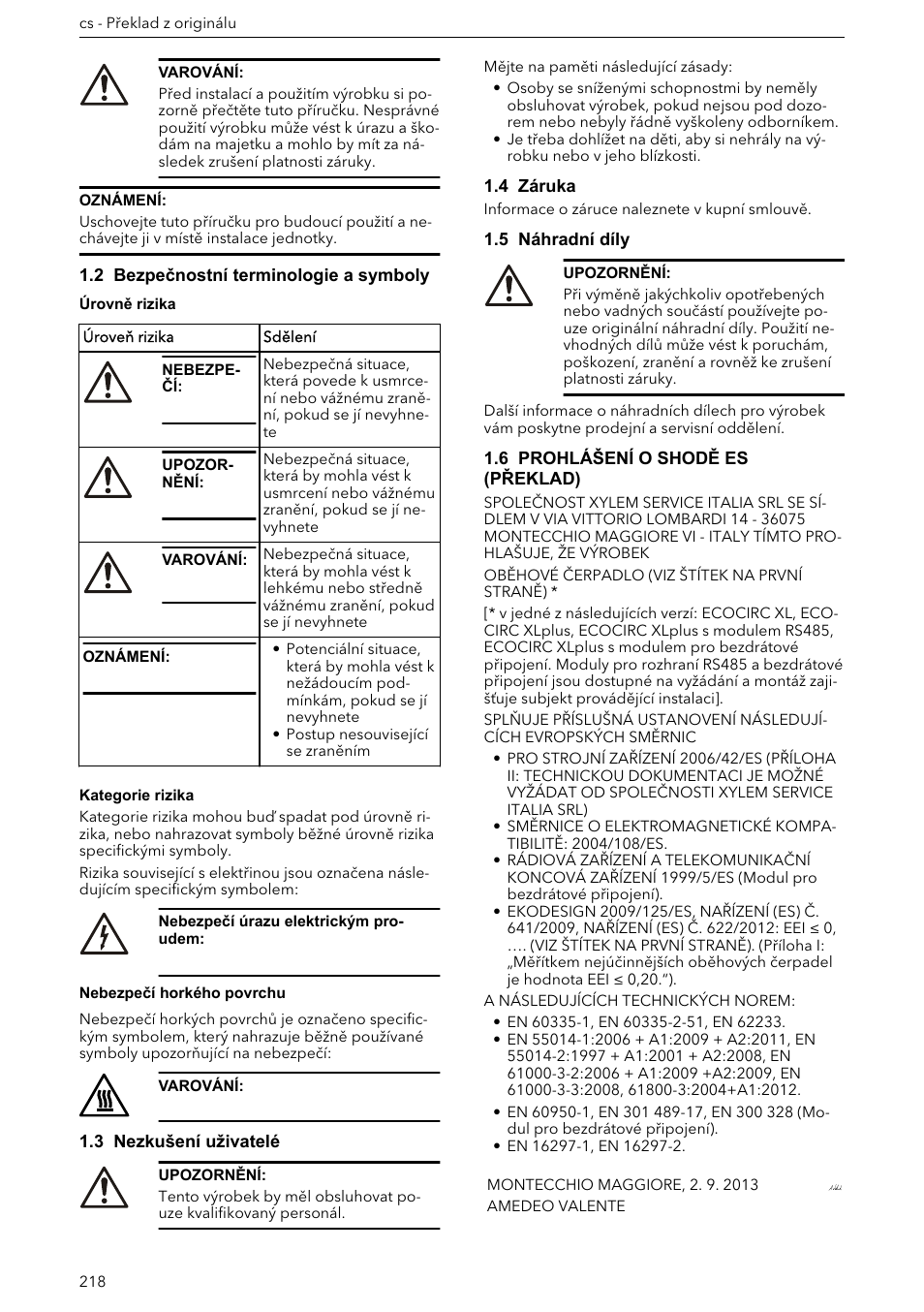 2 bezpečnostní terminologie a symboly, 3 nezkušení uživatelé, 4 záruka | 5 náhradní díly, 6 prohlášení o shodě es (překlad) | Xylem ECOCIRC XL & XLplus User Manual | Page 218 / 404