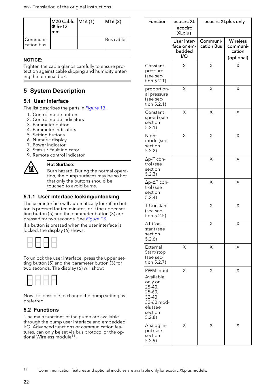 5 system description, 1 user interface, 1 user interface locking/unlocking | 2 functions | Xylem ECOCIRC XL & XLplus User Manual | Page 22 / 404