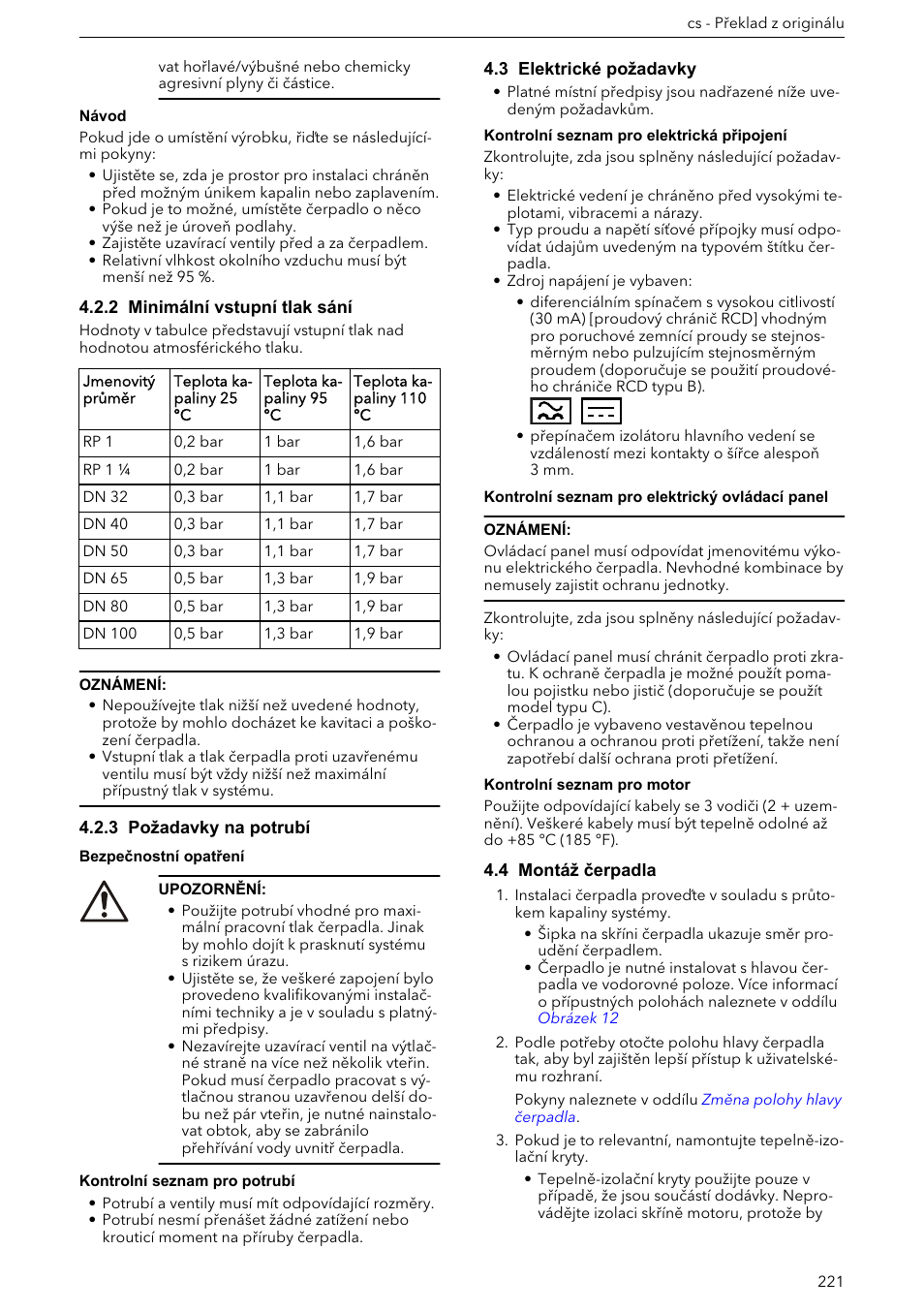 2 minimální vstupní tlak sání, 3 požadavky na potrubí, 3 elektrické požadavky | 4 montáž čerpadla | Xylem ECOCIRC XL & XLplus User Manual | Page 221 / 404