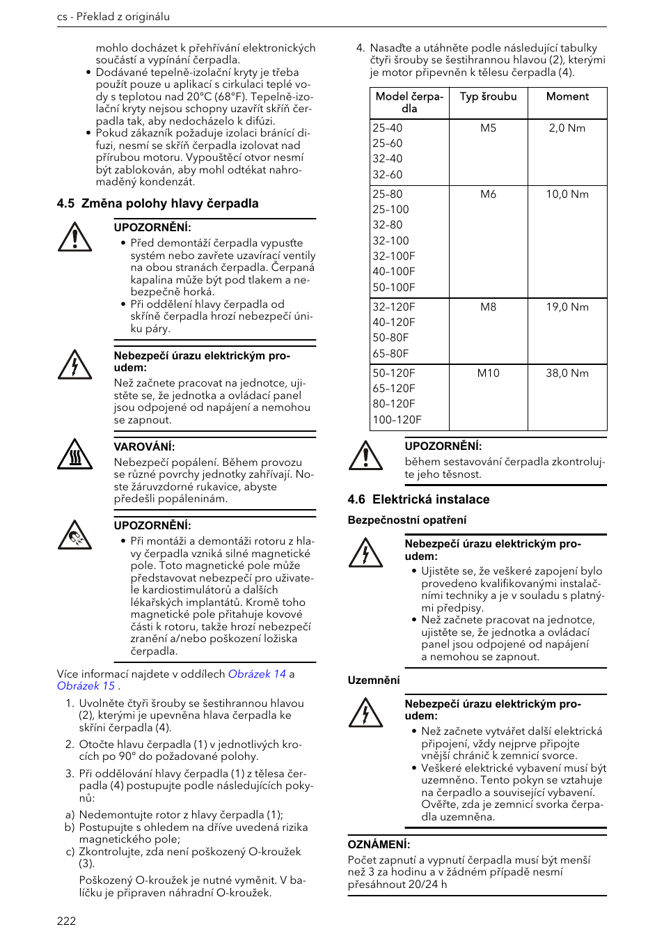 5 změna polohy hlavy čerpadla, 6 elektrická instalace | Xylem ECOCIRC XL & XLplus User Manual | Page 222 / 404