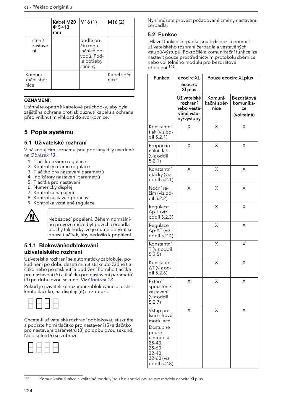 5 popis systému, 1 uživatelské rozhraní, 1 blokování/odblokování uživatelského rozhraní | 2 funkce | Xylem ECOCIRC XL & XLplus User Manual | Page 224 / 404