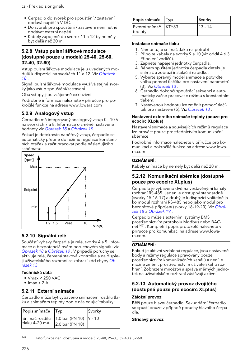 9 analogový vstup, 10 signální relé, 11 externí snímače | Xylem ECOCIRC XL & XLplus User Manual | Page 226 / 404