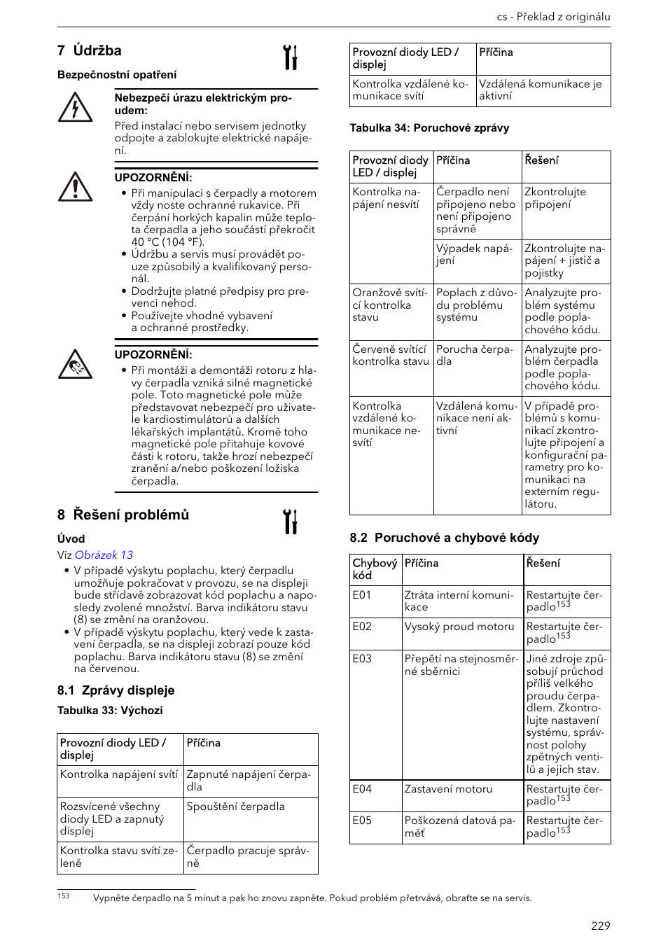 8 řešení problémů, 1 zprávy displeje, 2 poruchové a chybové kódy | 7 údržba | Xylem ECOCIRC XL & XLplus User Manual | Page 229 / 404