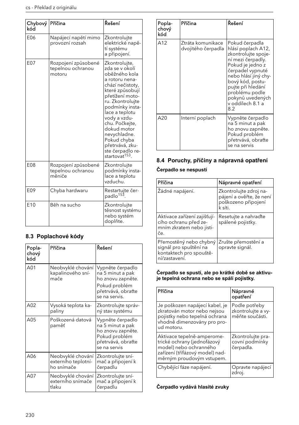 3 poplachové kódy, 4 poruchy, příčiny a nápravná opatření | Xylem ECOCIRC XL & XLplus User Manual | Page 230 / 404