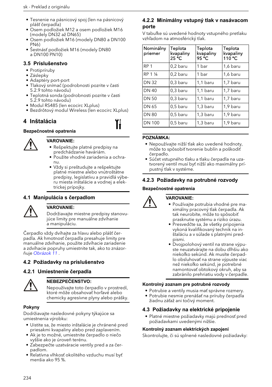 5 príslušenstvo, 4 inštalácia, 1 manipulácia s čerpadlom | 2 požiadavky na príslušenstvo, 1 umiestnenie čerpadla, 2 minimálny vstupný tlak v nasávacom porte, 3 požiadavky na potrubné rozvody, 3 požiadavky na elektrické pripojenie | Xylem ECOCIRC XL & XLplus User Manual | Page 234 / 404