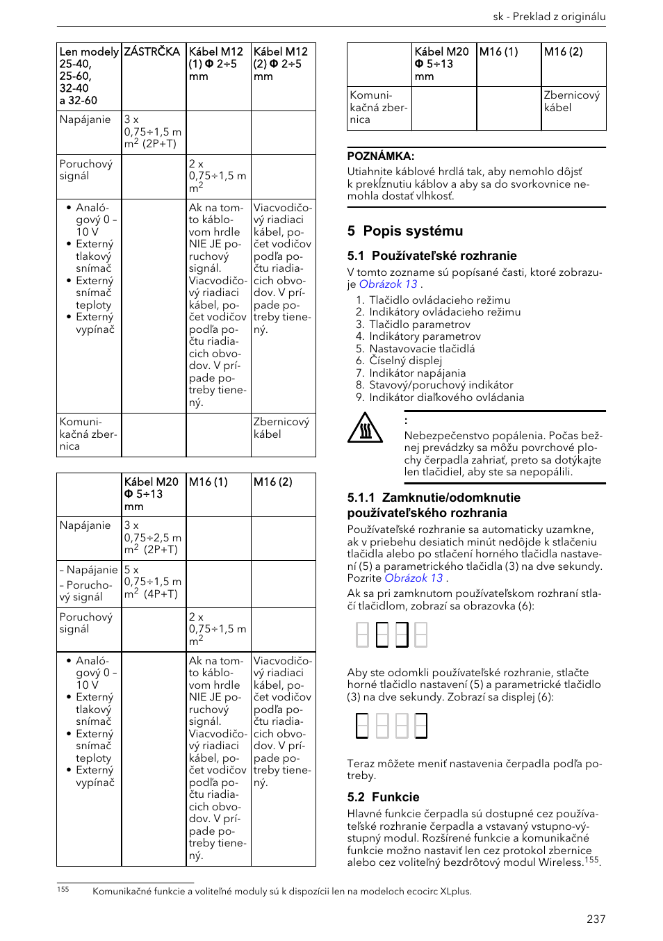 5 popis systému, 1 používateľské rozhranie, 1 zamknutie/odomknutie používateľského rozhrania | 2 funkcie | Xylem ECOCIRC XL & XLplus User Manual | Page 237 / 404