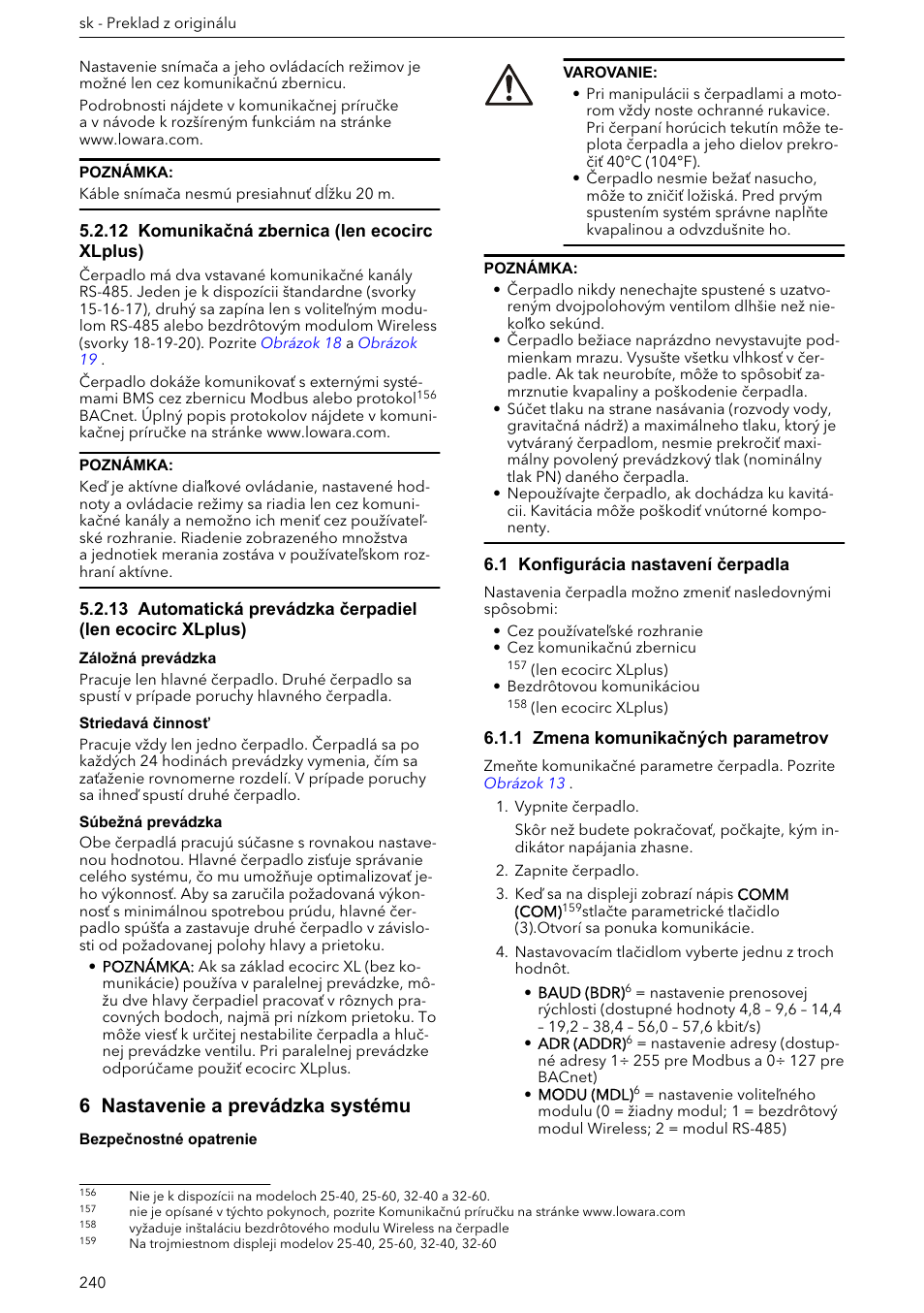 12 komunikačná zbernica (len ecocirc xlplus), 6 nastavenie a prevádzka systému, 1 konfigurácia nastavení čerpadla | 1 zmena komunikačných parametrov | Xylem ECOCIRC XL & XLplus User Manual | Page 240 / 404