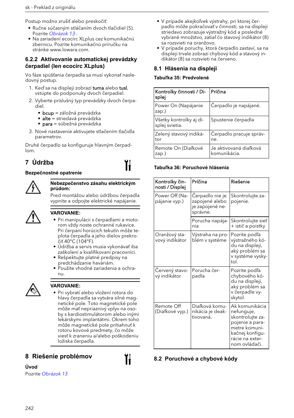 7 údržba, 8 riešenie problémov, 1 hlásenia na displeji | 2 poruchové a chybové kódy | Xylem ECOCIRC XL & XLplus User Manual | Page 242 / 404