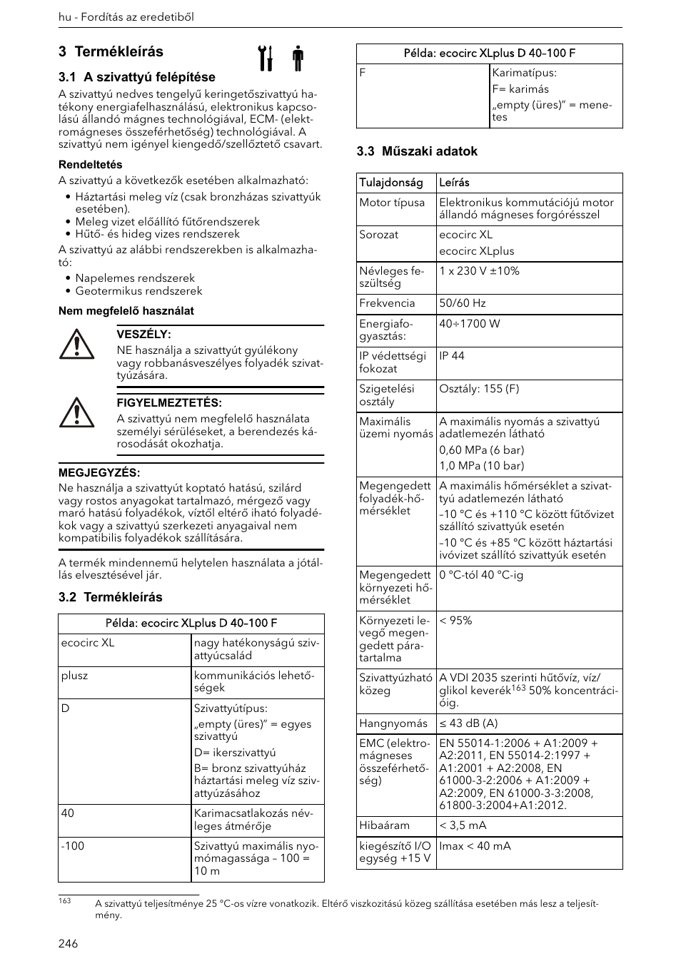 1 a szivattyú felépítése, 2 termékleírás, 3 műszaki adatok | 3 termékleírás | Xylem ECOCIRC XL & XLplus User Manual | Page 246 / 404