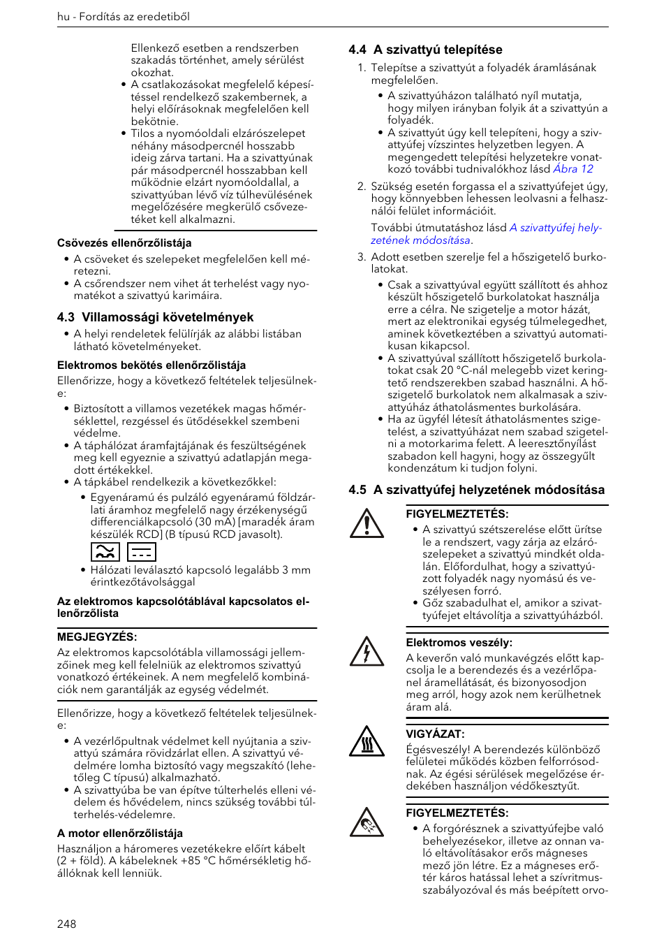 3 villamossági követelmények, 4 a szivattyú telepítése, 5 a szivattyúfej helyzetének módosítása | Xylem ECOCIRC XL & XLplus User Manual | Page 248 / 404