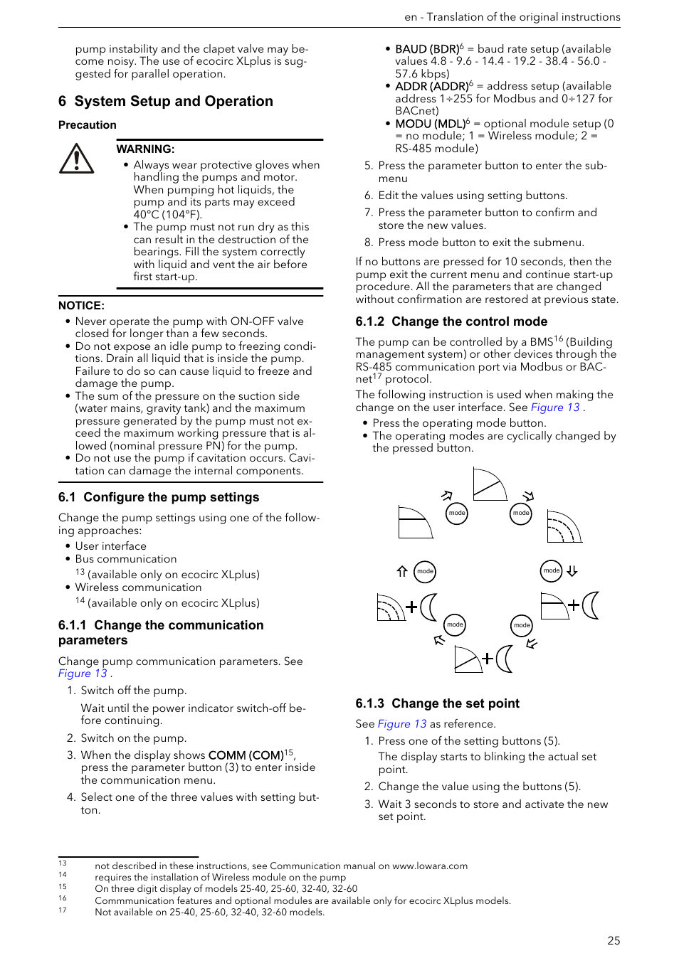 6 system setup and operation, 1 configure the pump settings, 1 change the communication parameters | 2 change the control mode, 3 change the set point | Xylem ECOCIRC XL & XLplus User Manual | Page 25 / 404