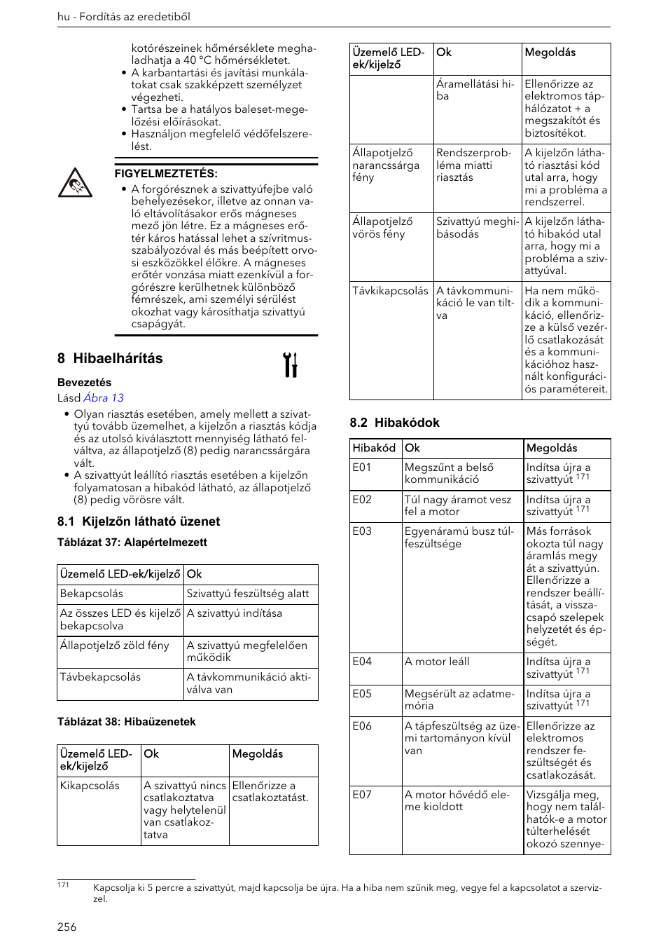 8 hibaelhárítás, 1 kijelzőn látható üzenet, 2 hibakódok | Xylem ECOCIRC XL & XLplus User Manual | Page 256 / 404