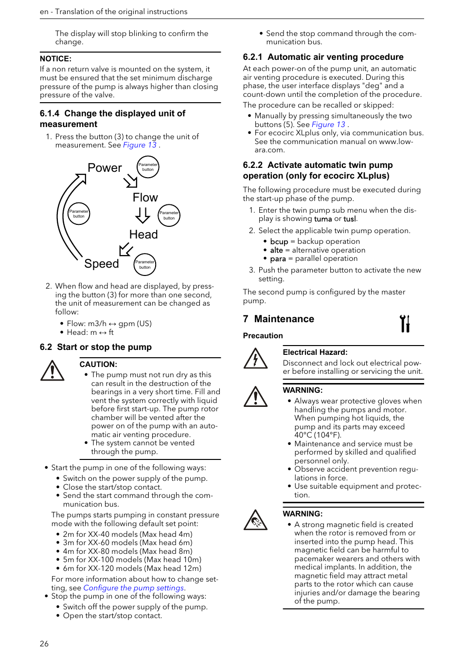 4 change the displayed unit of measurement, 2 start or stop the pump, 1 automatic air venting procedure | 7 maintenance, 8 troubleshooting, Power speed head flow | Xylem ECOCIRC XL & XLplus User Manual | Page 26 / 404