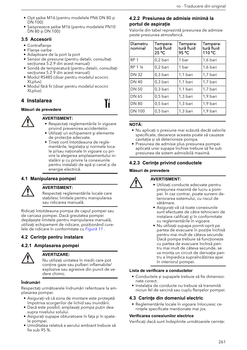 5 accesorii, 4 instalarea, 1 manipularea pompei | 2 cerinţe pentru instalare, 1 amplasarea pompei, 3 cerinţe privind conductele, 3 cerinţe din domeniul electric | Xylem ECOCIRC XL & XLplus User Manual | Page 261 / 404