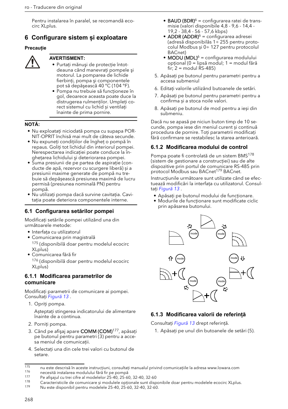 6 configurare sistem și exploatare, 1 configurarea setărilor pompei, 1 modificarea parametrilor de comunicare | 2 modificarea modului de control, 3 modificarea valorii de referință | Xylem ECOCIRC XL & XLplus User Manual | Page 268 / 404