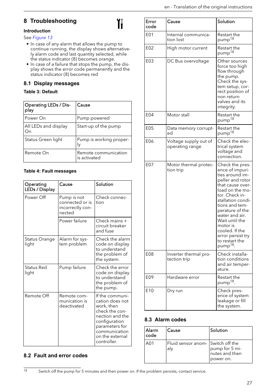 1 display messages, 2 fault and error codes, 3 alarm codes | 8 troubleshooting | Xylem ECOCIRC XL & XLplus User Manual | Page 27 / 404