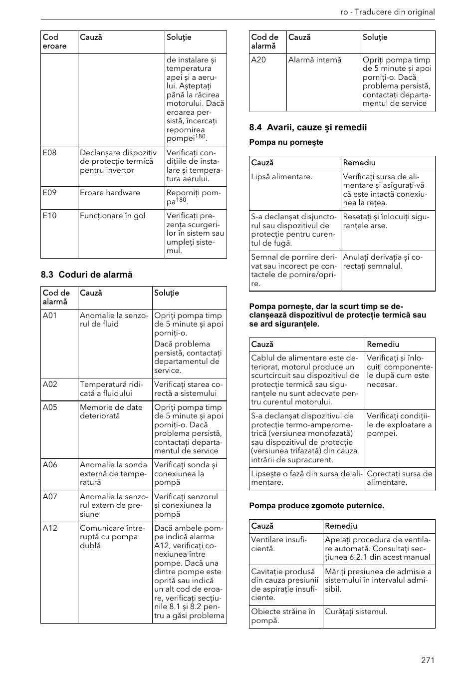 3 coduri de alarmă, 4 avarii, cauze și remedii | Xylem ECOCIRC XL & XLplus User Manual | Page 271 / 404