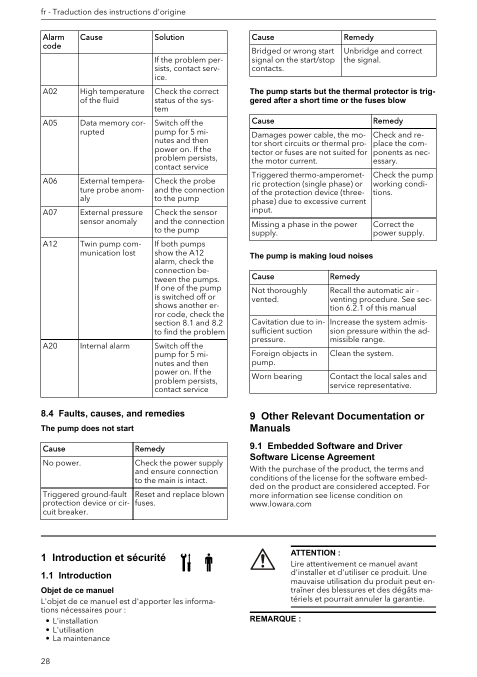 4 faults, causes, and remedies, 9 other relevant documentation or manuals, 1 introduction et sécurité | 1 introduction | Xylem ECOCIRC XL & XLplus User Manual | Page 28 / 404