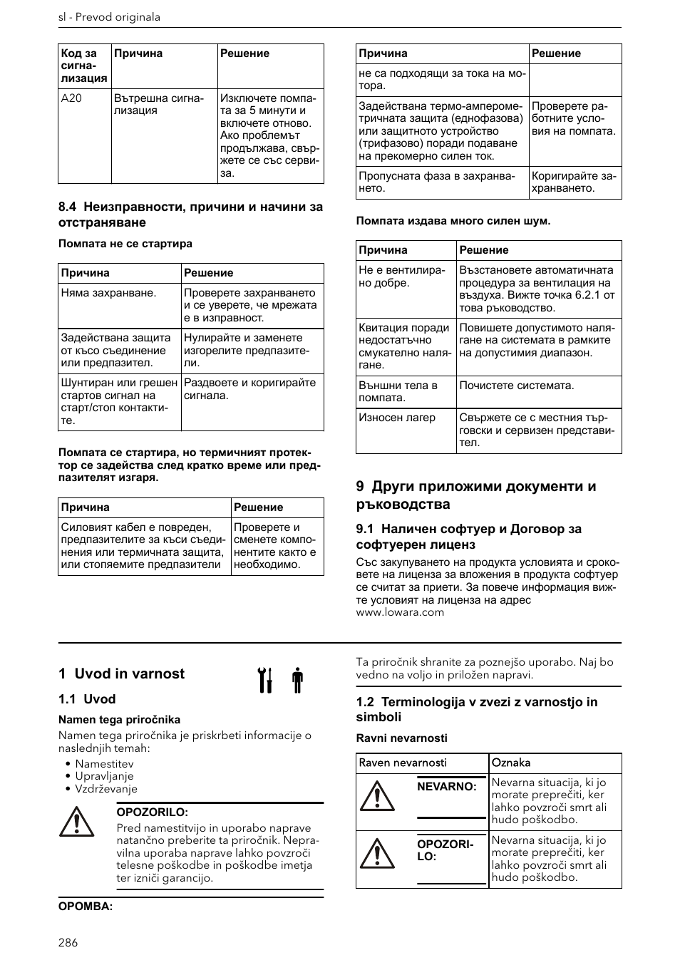 4 неизправности, причини и начини за отстраняване, 9 други приложими документи и ръководства, 1 наличен софтуер и договор за софтуерен лиценз | Navodila za vgradnjo, delovanje in vzdrževanje, 1 uvod in varnost, 1 uvod, 2 terminologija v zvezi z varnostjo in simboli | Xylem ECOCIRC XL & XLplus User Manual | Page 286 / 404
