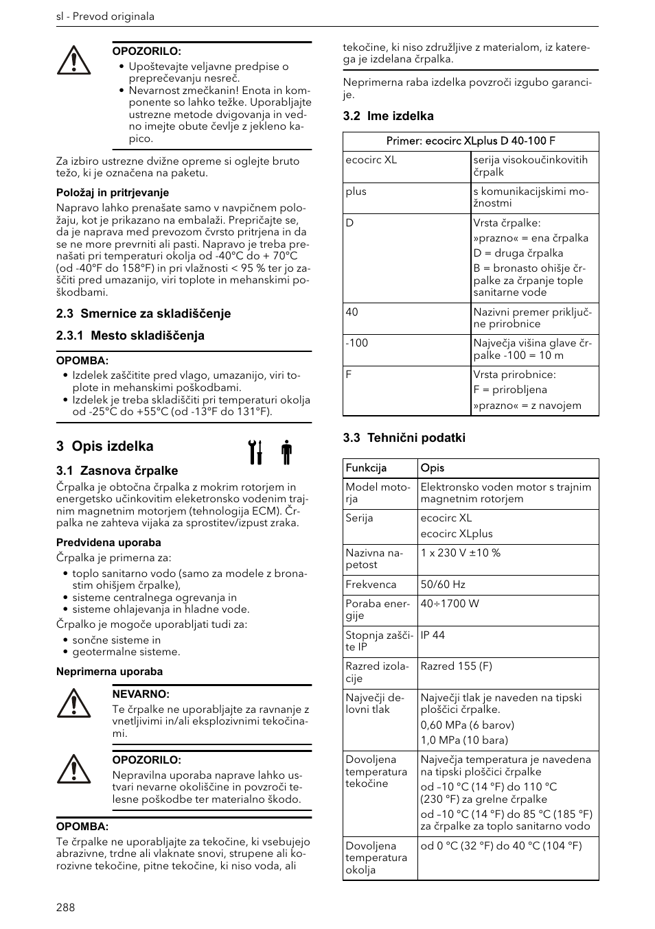 3 smernice za skladiščenje, 1 mesto skladiščenja, 3 opis izdelka | 1 zasnova črpalke, 2 ime izdelka, 3 tehnični podatki | Xylem ECOCIRC XL & XLplus User Manual | Page 288 / 404