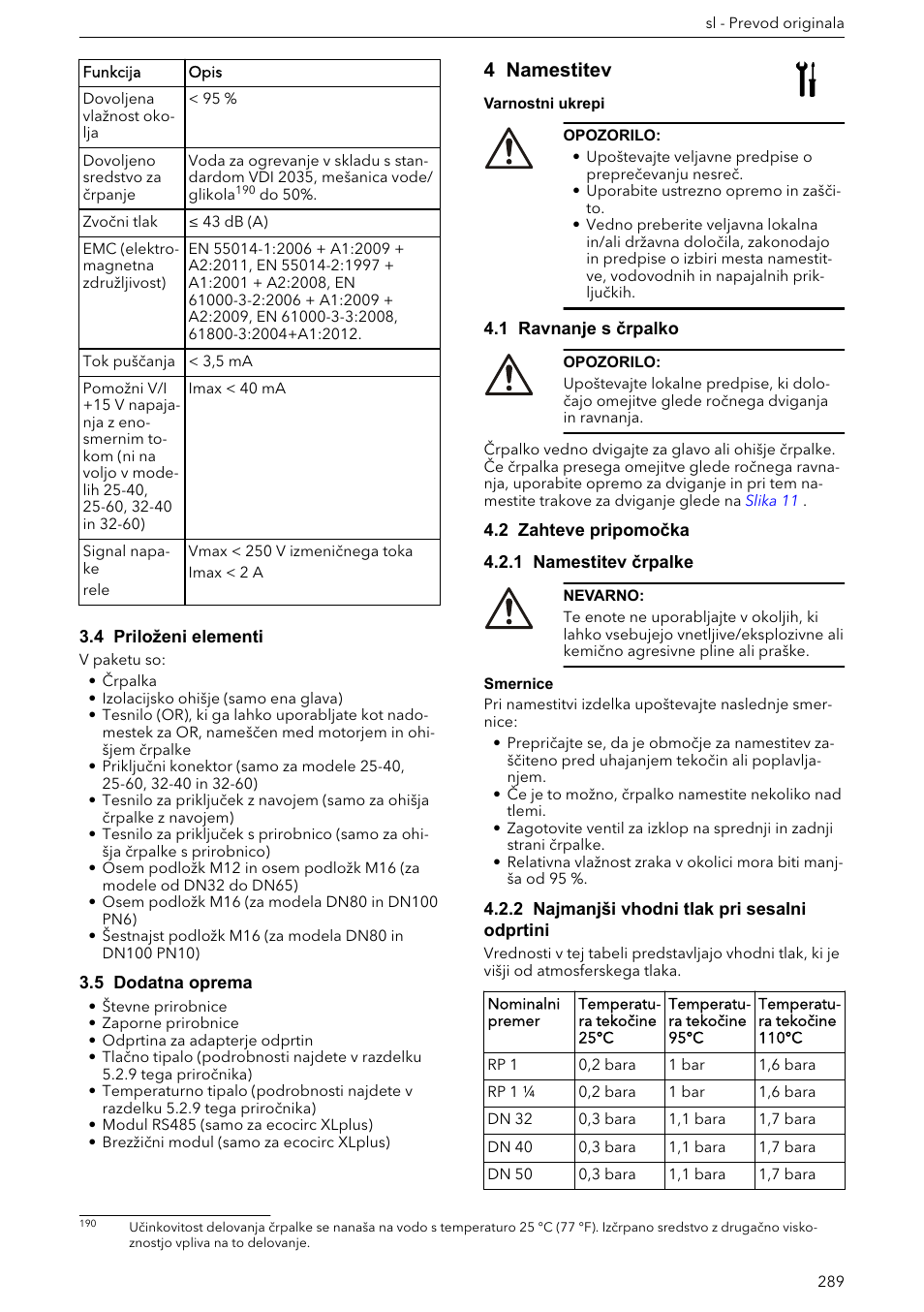 4 priloženi elementi, 5 dodatna oprema, 4 namestitev | 1 ravnanje s črpalko, 2 zahteve pripomočka, 1 namestitev črpalke, 2 najmanjši vhodni tlak pri sesalni odprtini | Xylem ECOCIRC XL & XLplus User Manual | Page 289 / 404