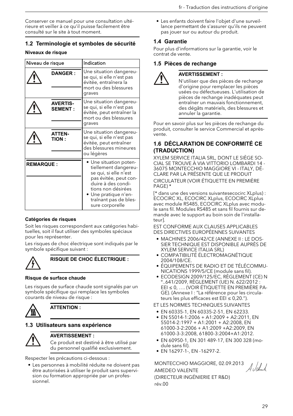 2 terminologie et symboles de sécurité, 3 utilisateurs sans expérience, 4 garantie | 5 pièces de rechange, 6 déclaration de conformité ce (traduction) | Xylem ECOCIRC XL & XLplus User Manual | Page 29 / 404