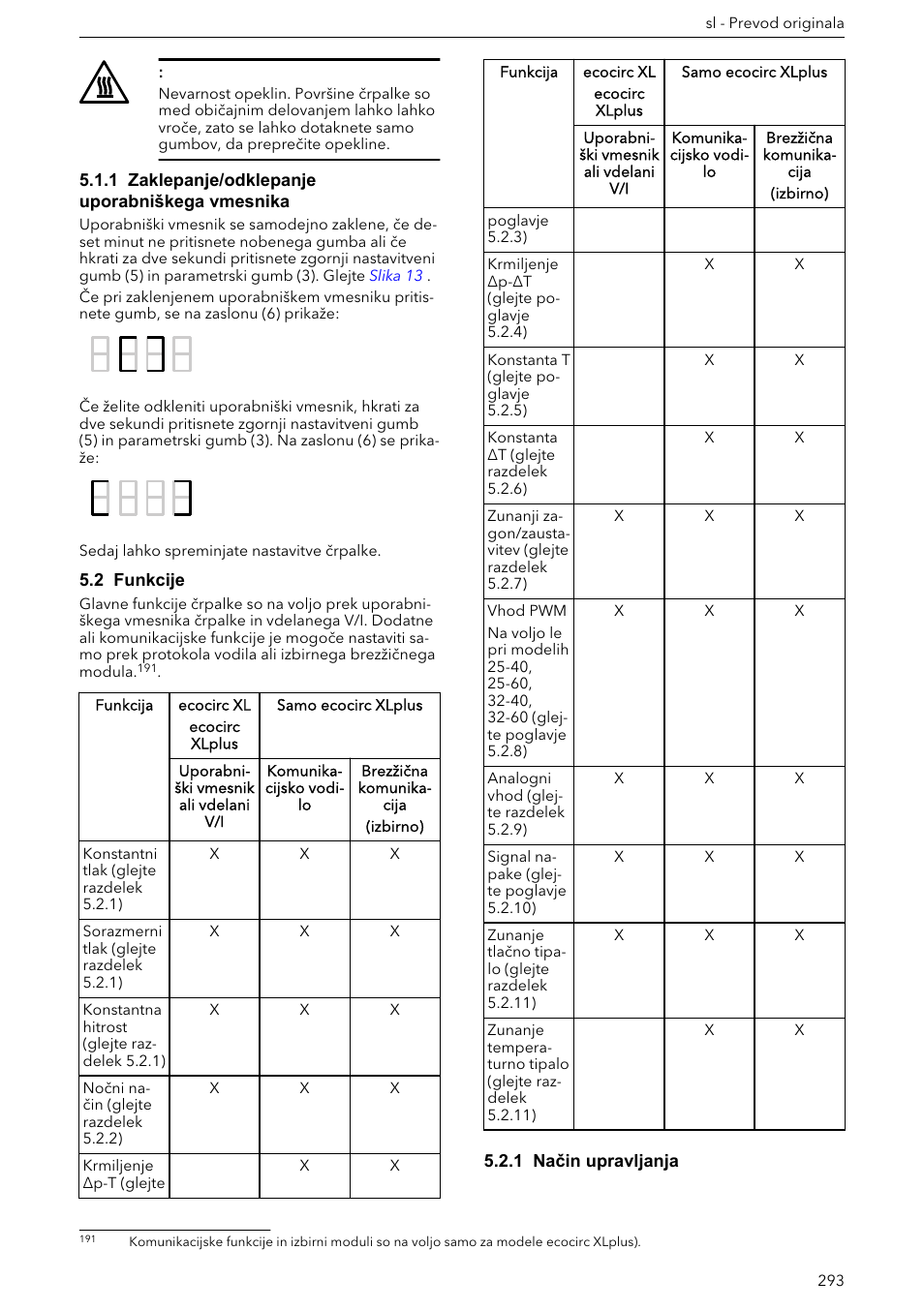 1 zaklepanje/odklepanje uporabniškega vmesnika, 2 funkcije, 1 način upravljanja | Xylem ECOCIRC XL & XLplus User Manual | Page 293 / 404