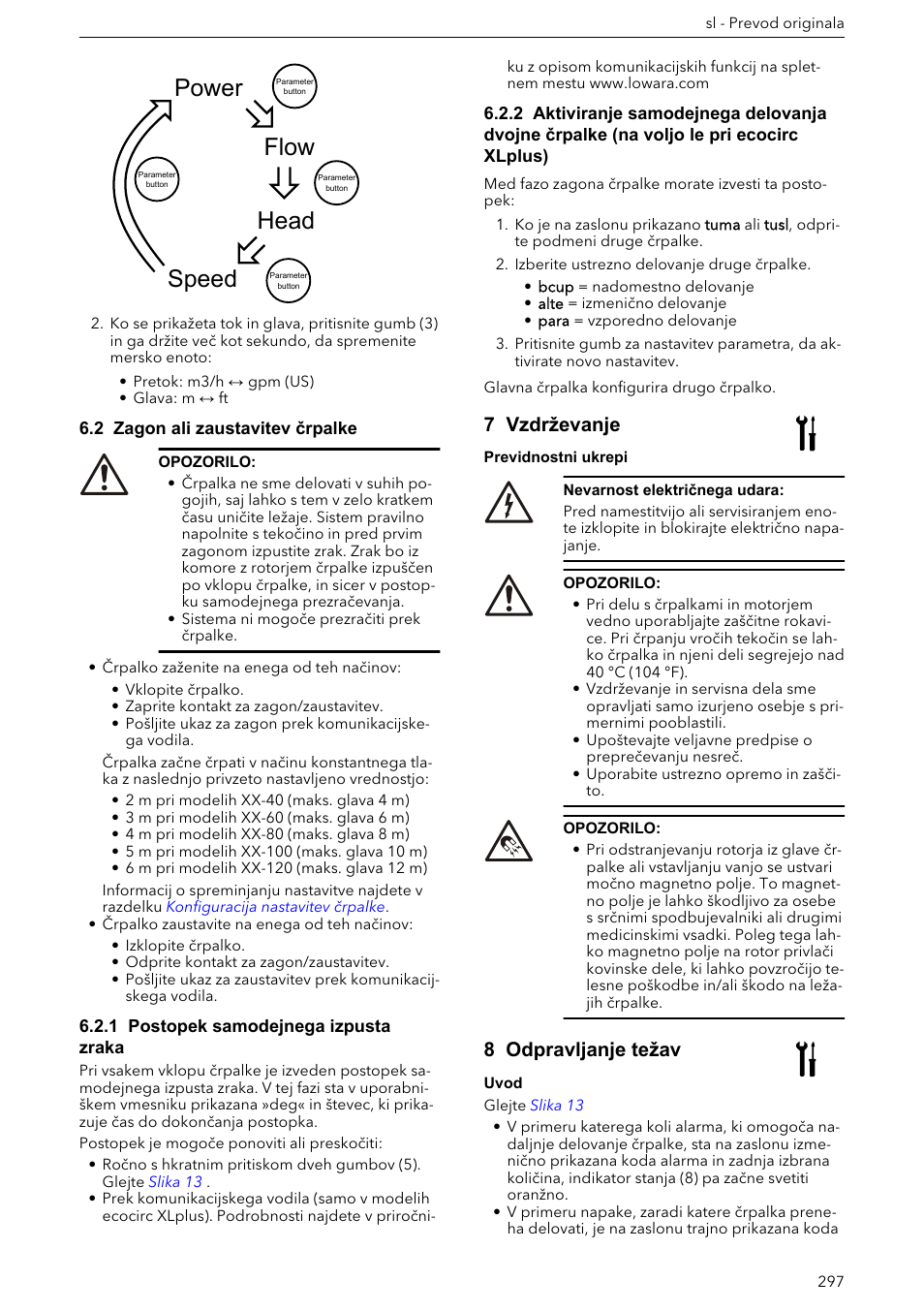 2 zagon ali zaustavitev črpalke, 1 postopek samodejnega izpusta zraka, 7 vzdrževanje | 8 odpravljanje težav, Power speed head flow | Xylem ECOCIRC XL & XLplus User Manual | Page 297 / 404
