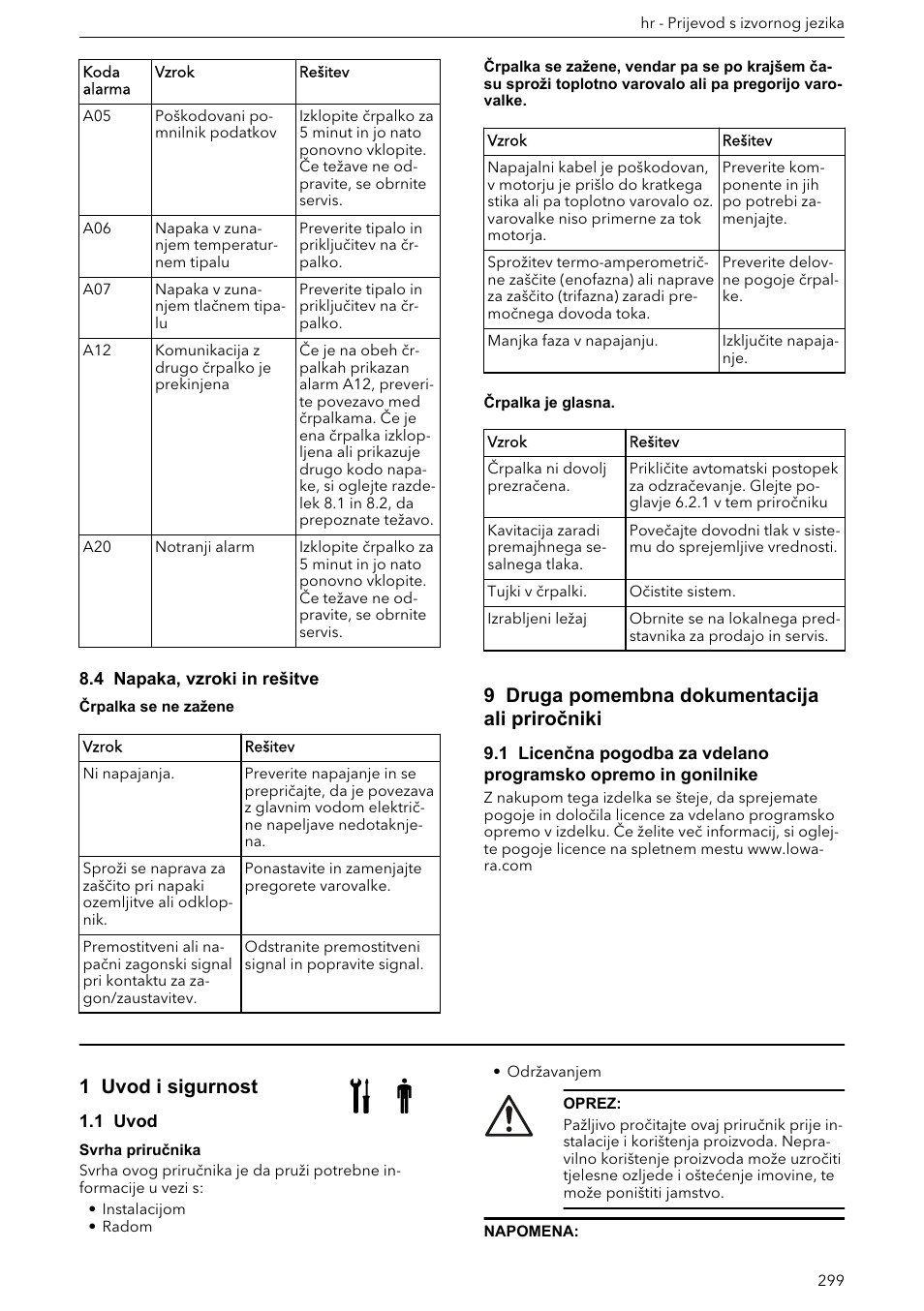 4 napaka, vzroki in rešitve, 9 druga pomembna dokumentacija ali priročniki, Priručnik za instaliranje, rad i održavanje | 1 uvod i sigurnost, 1 uvod | Xylem ECOCIRC XL & XLplus User Manual | Page 299 / 404