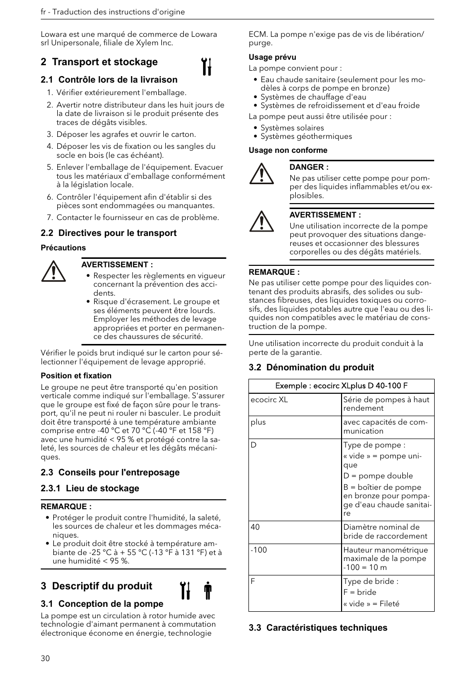 2 transport et stockage, 1 contrôle lors de la livraison, 2 directives pour le transport | 3 conseils pour l'entreposage, 1 lieu de stockage, 3 descriptif du produit, 1 conception de la pompe, 2 dénomination du produit, 3 caractéristiques techniques | Xylem ECOCIRC XL & XLplus User Manual | Page 30 / 404