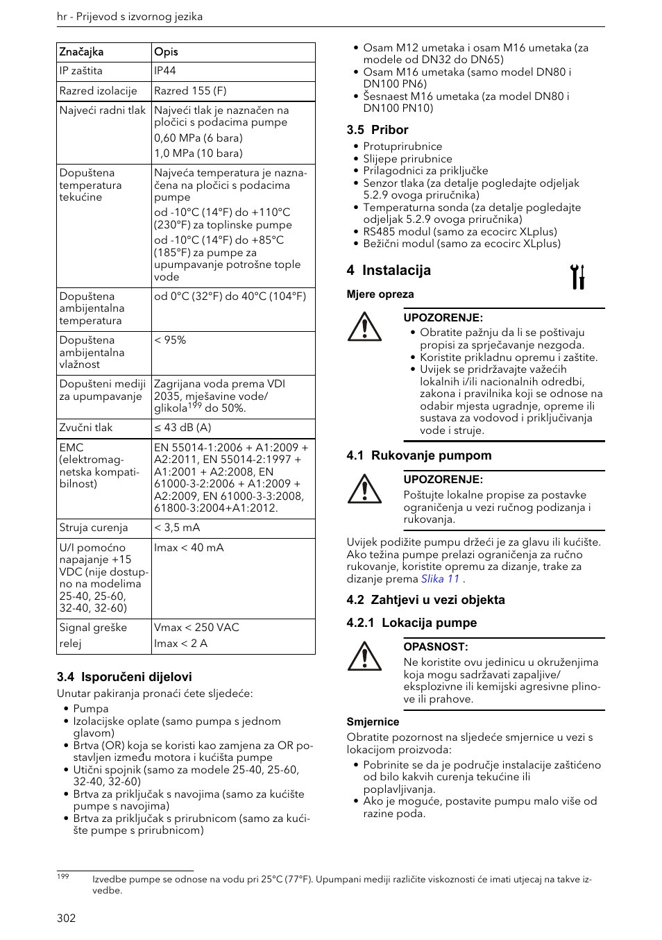 4 isporučeni dijelovi, 5 pribor, 4 instalacija | 1 rukovanje pumpom, 2 zahtjevi u vezi objekta, 1 lokacija pumpe | Xylem ECOCIRC XL & XLplus User Manual | Page 302 / 404