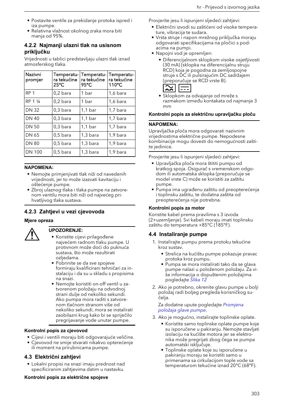 2 najmanji ulazni tlak na usisnom priključku, 3 zahtjevi u vezi cjevovoda, 3 električni zahtjevi | 4 instaliranje pumpe | Xylem ECOCIRC XL & XLplus User Manual | Page 303 / 404